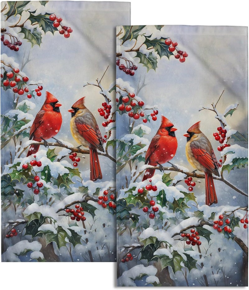Granbey Winter Red Bird Hand Towels Pack of 2 Sweet Couple Cardinal Fingertip Towels Birds Holly Berry Branches Snow Christmas Holiday Bathroom Towels Soft Fast Drying Face Towel for Kitchen Spa Gym - Image 1